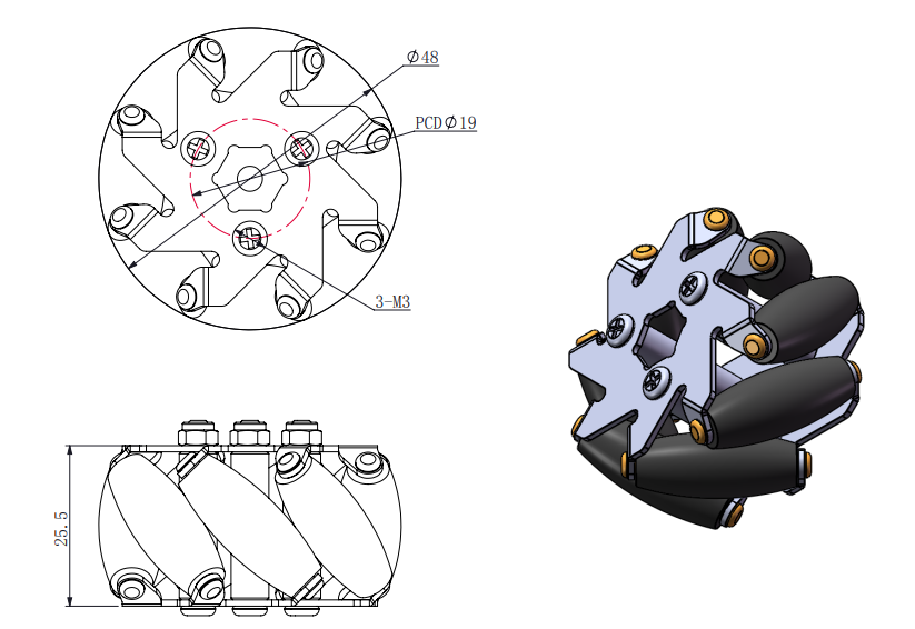 Small Robot 48mm Stainless Steel Mecanum Wheel Set 2 Left 2 Right Wheels Model 14209.jpg