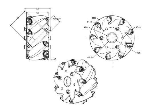 A set of (4 inch) 100mm mecanum wheels (4 pieces) with Bearing Rollers 14094 drawing.jpg