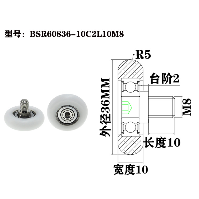 BSR60836-10C2L10M8 Corrosion-Resistant NYLON Roller Bearing with Screw for Harsh Environments.jpg