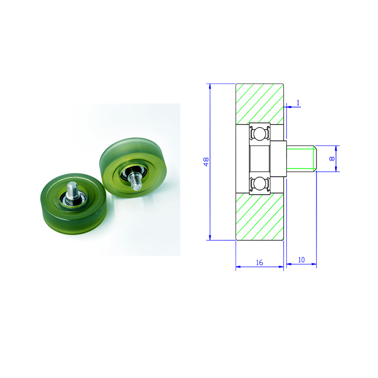 PU60848-16C1L10M8 M8x48x16mm Pu Pulley Wheel mechanical conveyor belt Coated Ball Bearing.jpg